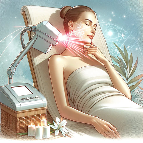Modern and serene depiction of laser therapy for skin rejuvenation and acne marks removal