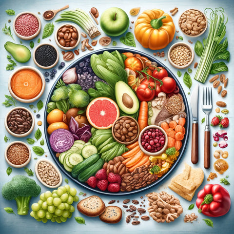 A colorful spread of Diastasis Recti-friendly foods, including protein-rich meats, lentils, seeds, and vibrant vegetables, representing a nutritious diet for recovery.